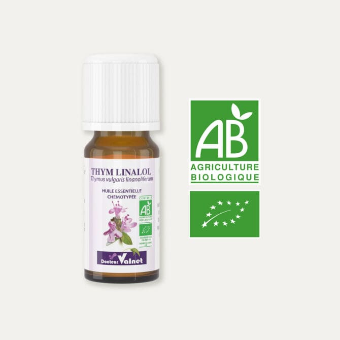 flacon 5 ml d'huile essentielle de Thym Linalol 100% BIO, certifiée label AB, Agriculture Biologique.