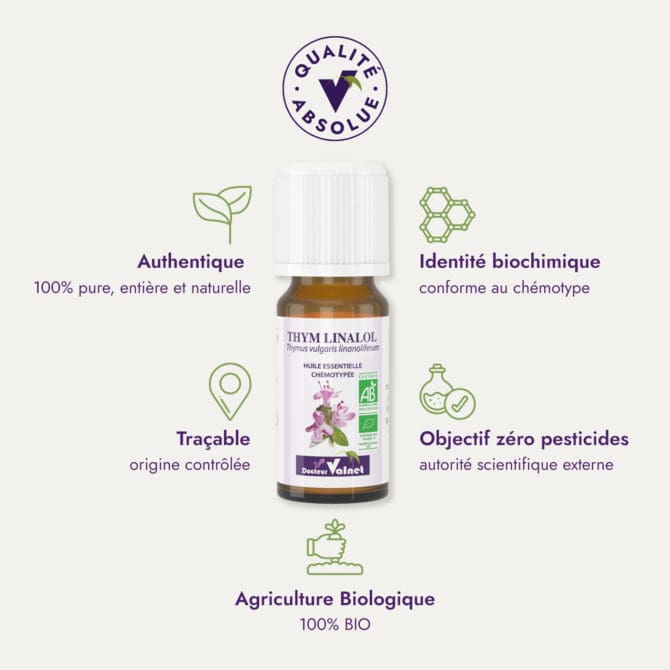 Huile essentielle de Thym Linalol du Dr. Valnet (5 ml). Qualité Absolue Docteur Valnet. 100% pure, entière et naturelle. Agriculture Biologique. 100% BIO. Identité biochimique : conforme au chémotype. Objectif zéro pesticides.