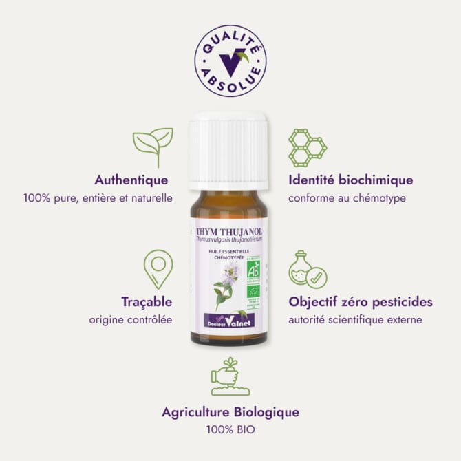 Huile essentielle thym thujanol. Qualité Absolue Docteur Valnet. 100% pure, entière et naturelle. Agriculture Biologique. 100% BIO. Identité biochimique : conforme au chémotype. Objectif zéro pesticides.