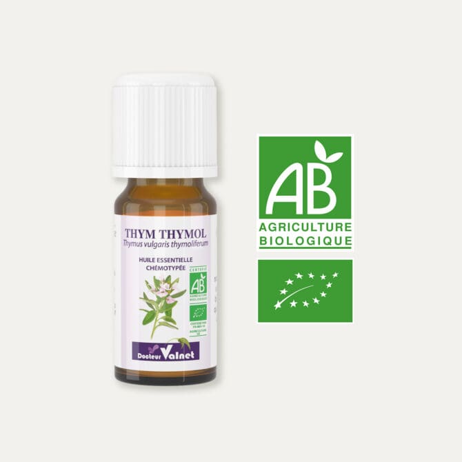 flacon 10 ml d'huile essentielle de thym thymol. Certifiée label AB, Agriculture Biologique.