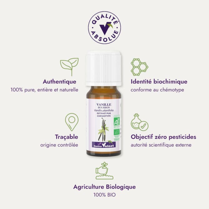 Extrait pur chémotypé de vanille du Dr. Valnet (10 ml). Qualité Absolue du Docteur Valnet. 100% pure, entière et naturelle. Agriculture Biologique 100% BIO. Identité biochimique : conforme au chémotype. Objectif zéro pesticides.