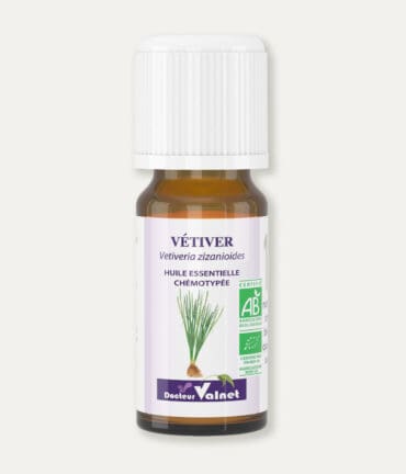 Flacon 10 ml d'huile essentielle de vétiver. Certifiée label AB, Agriculture Biologique.