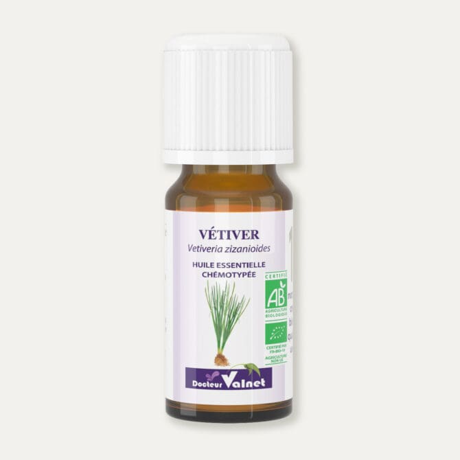 Flacon 10 ml d'huile essentielle de vétiver. Certifiée label AB, Agriculture Biologique.