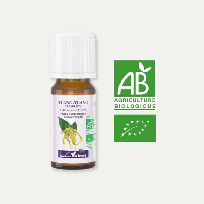 Flacon 10 ml d'huile essentielle d'ylang ylang. Certifiée label AB, Agriculture Biologique