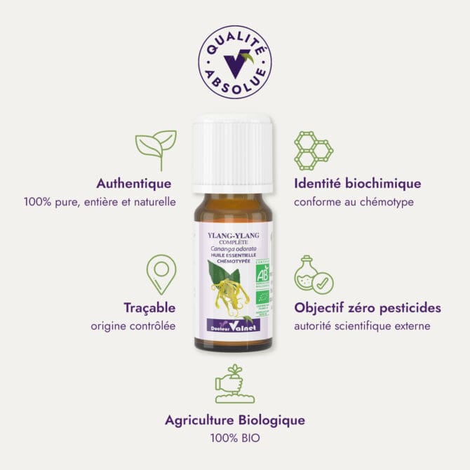 huile essentielle de l'ylang ylang du Dr Valnet (10ml). Qualité Absolue Docteur Valnet. 100% pure, entière et naturelle. Agriculture Biologique 100% BIO. Identité biochimique : conforme au chémotype. Objectif zéro pesticides.
